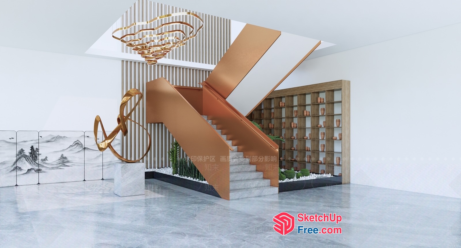Modern Staircase With Gold Accents And Marble Steps 3D SketchUp File