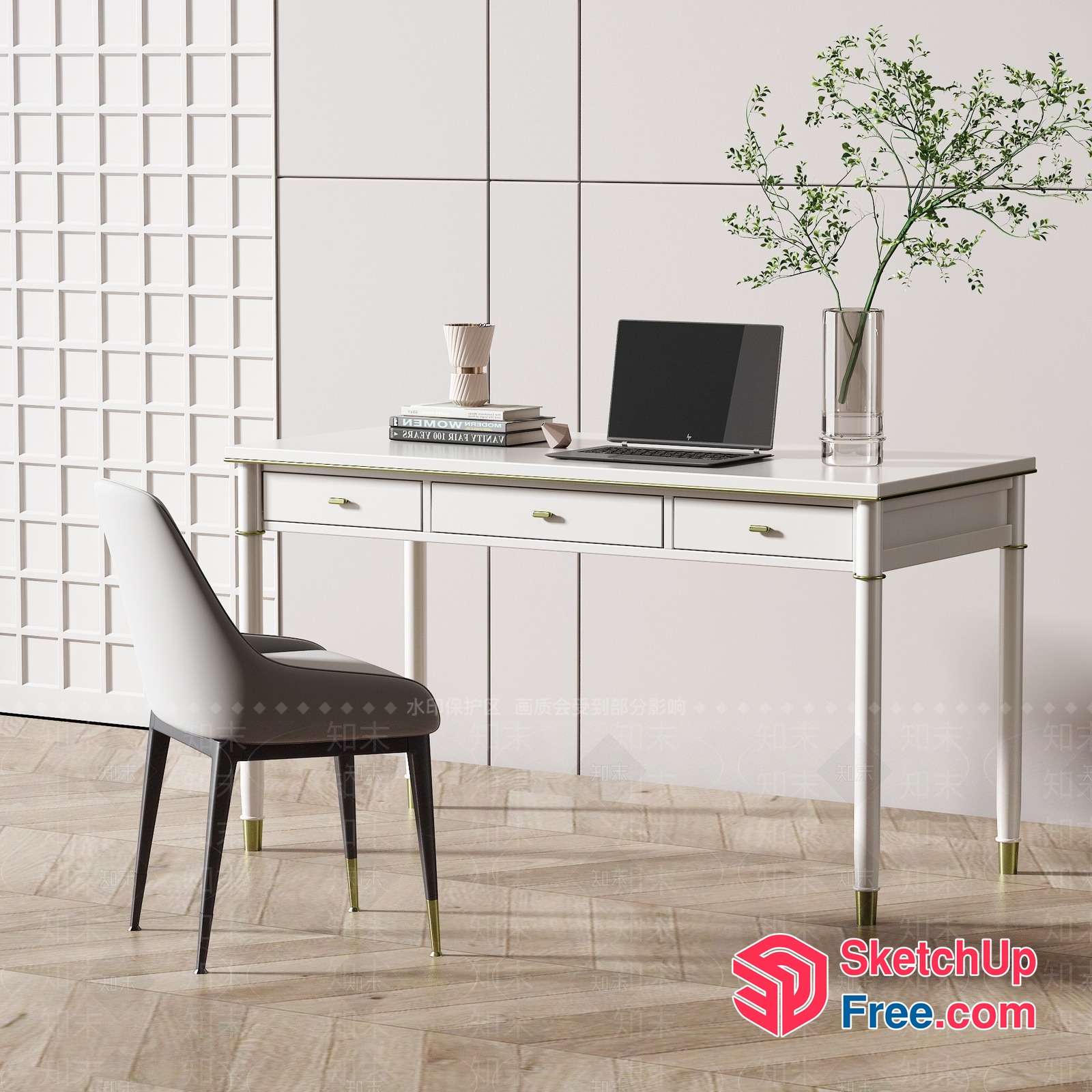Elegant White Desk With Laptop And Chair 3D SketchUp File
