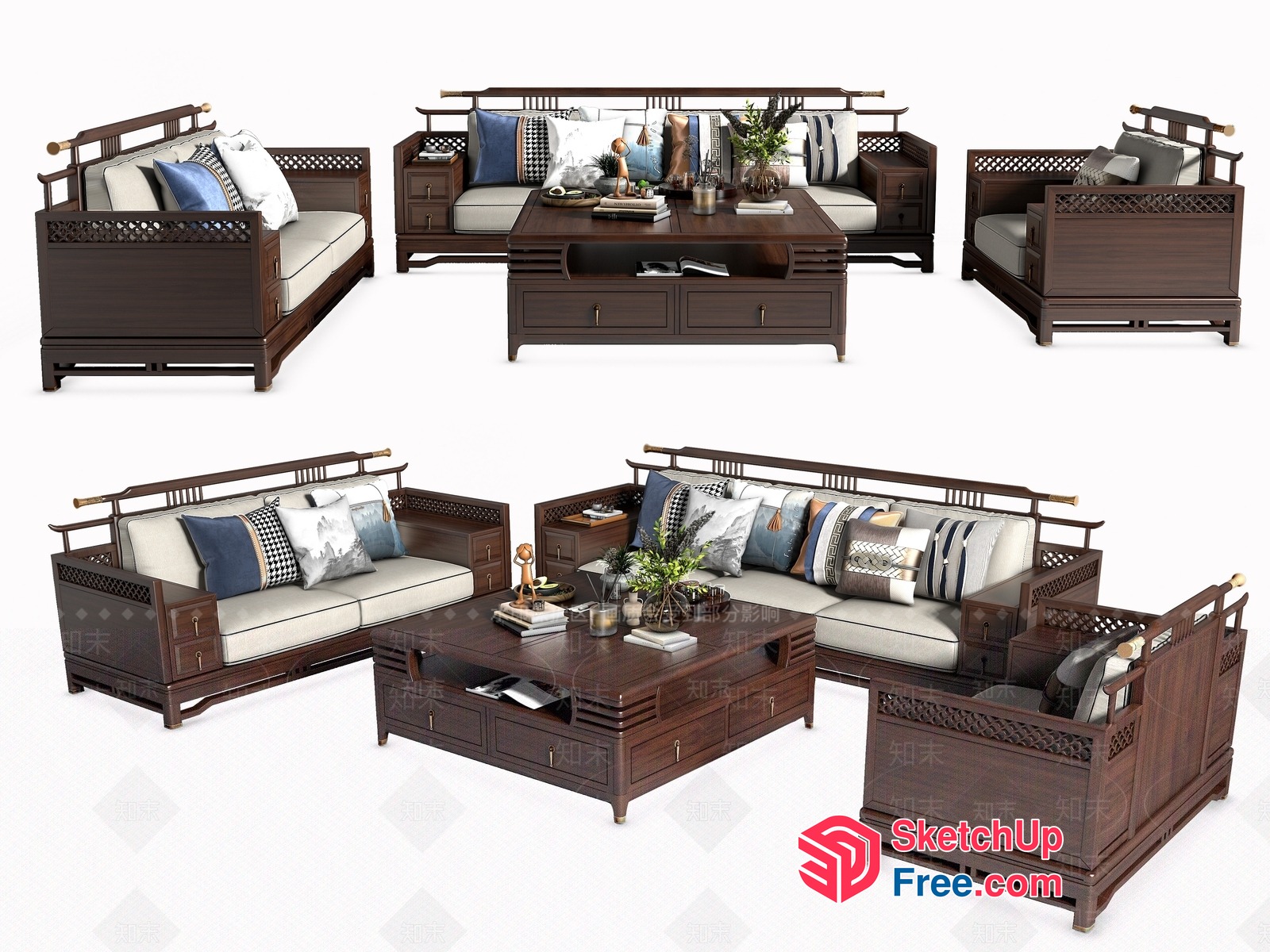 Classic Asian-Inspired Living Room Furniture Set 3D SketchUp File