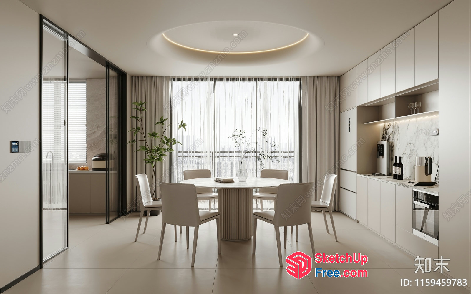 Minimalist Modern White Dining Room With Pillar Table And Chairs 3D SketchUp File
