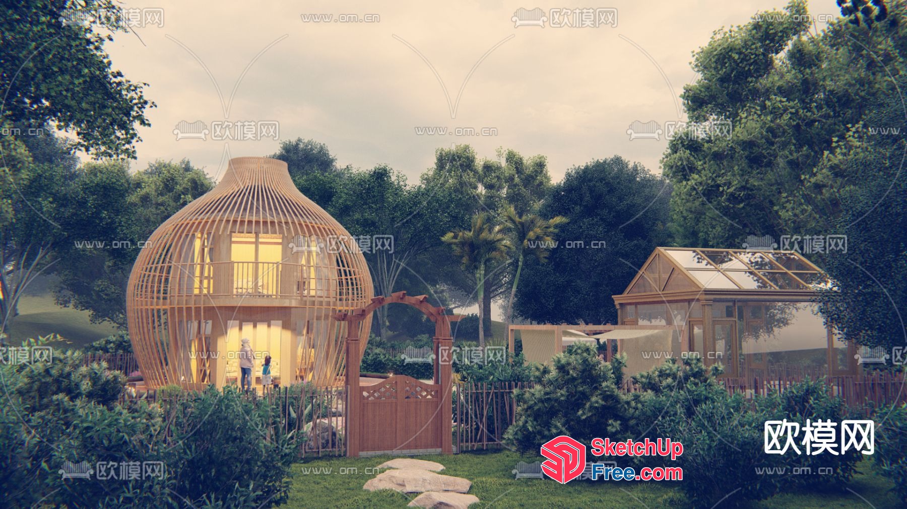 Elegant Wood Home Exterior With Unique Design Elements 3D SketchUp File