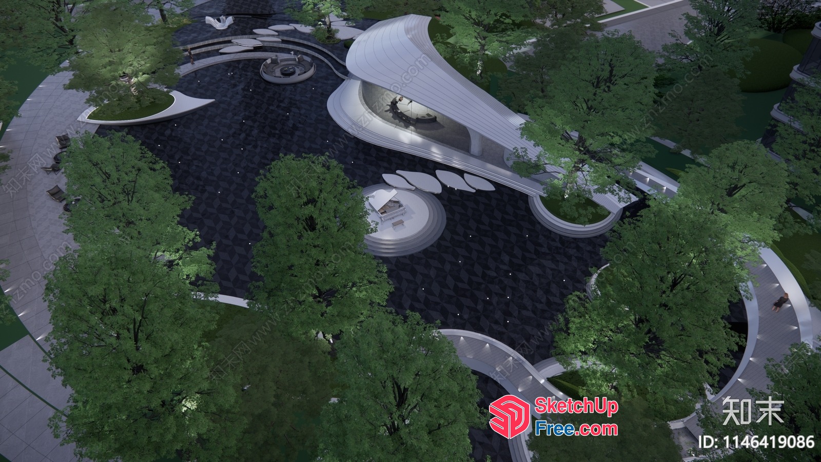 Futuristic Modern Building Exterior With Curved Lines And Greenery 3D SketchUp File