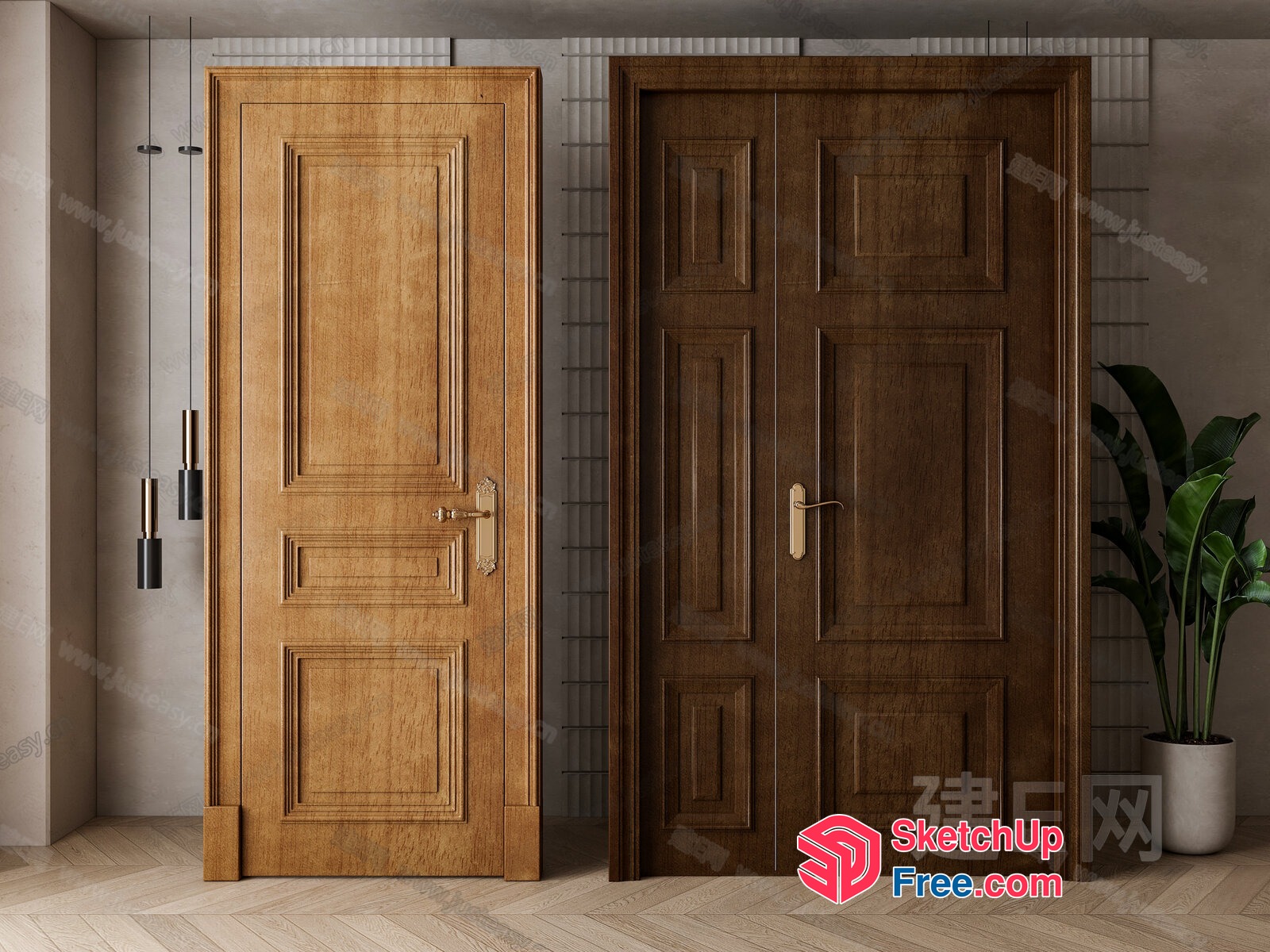 Wooden Doors In A Modern Minimalist Interior Setting 3D SketchUp File