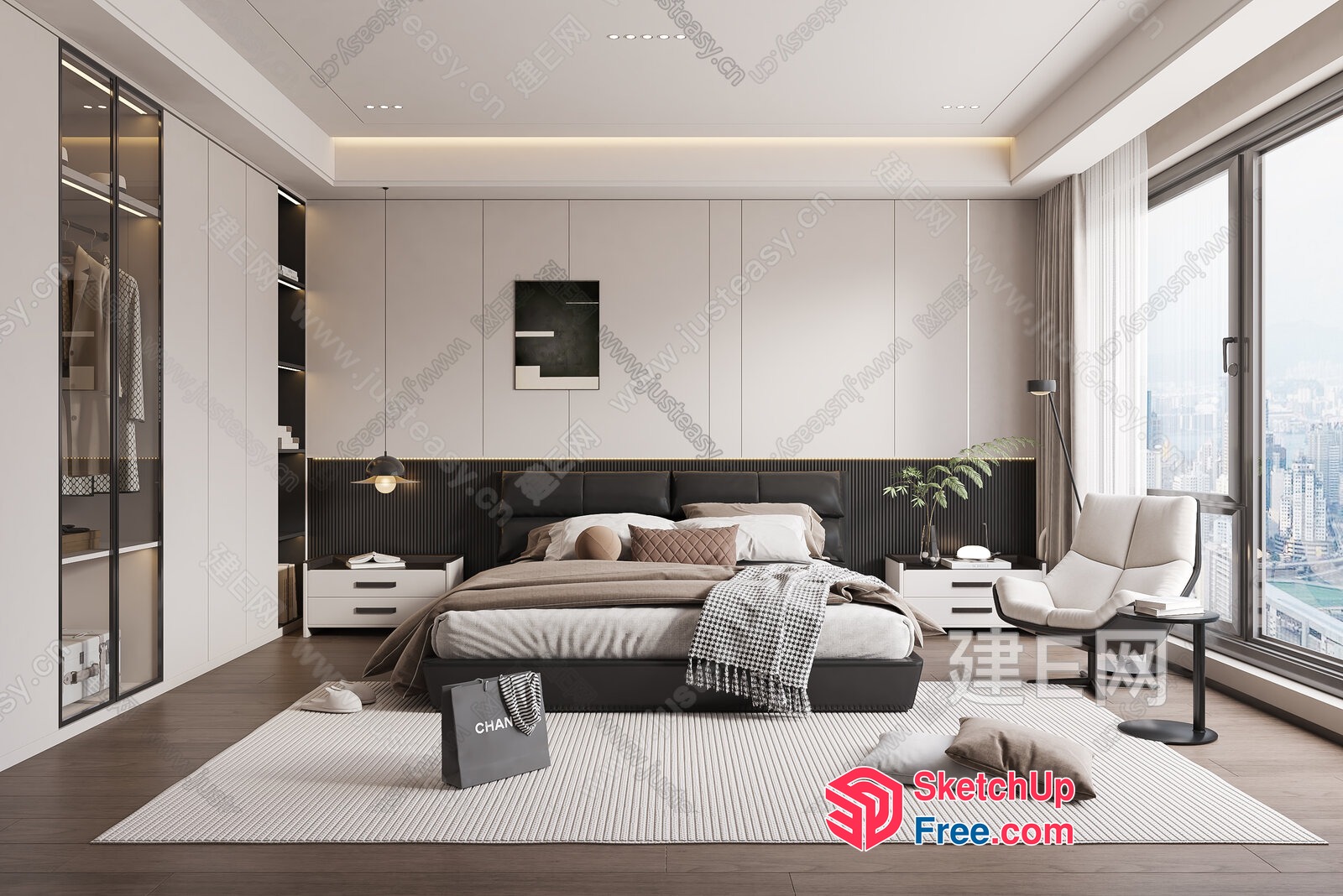 Minimalist Bedroom With City View 3D SketchUp File