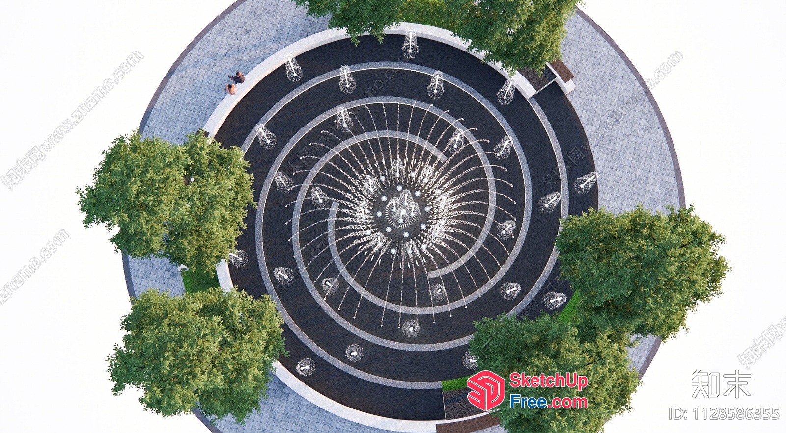 Circular Fountain With Water Jets And Trees 3D SketchUp File