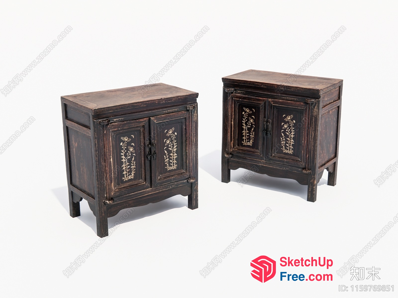 Distressed Wooden Cabinets With Ornate Floral Details 3D SketchUp File