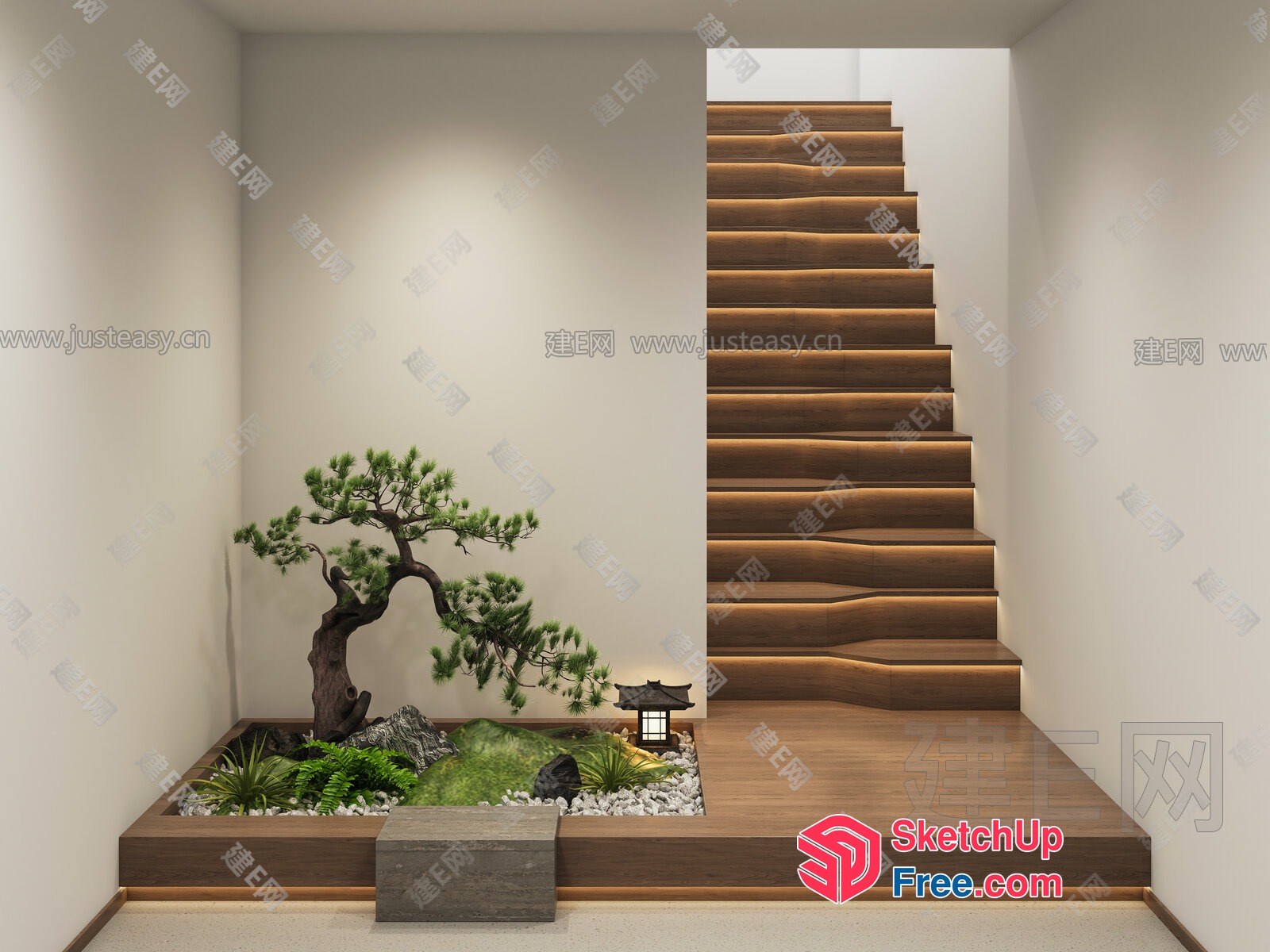 Elegant Japanese-Inspired Staircase With Serene Garden 3D SketchUp File