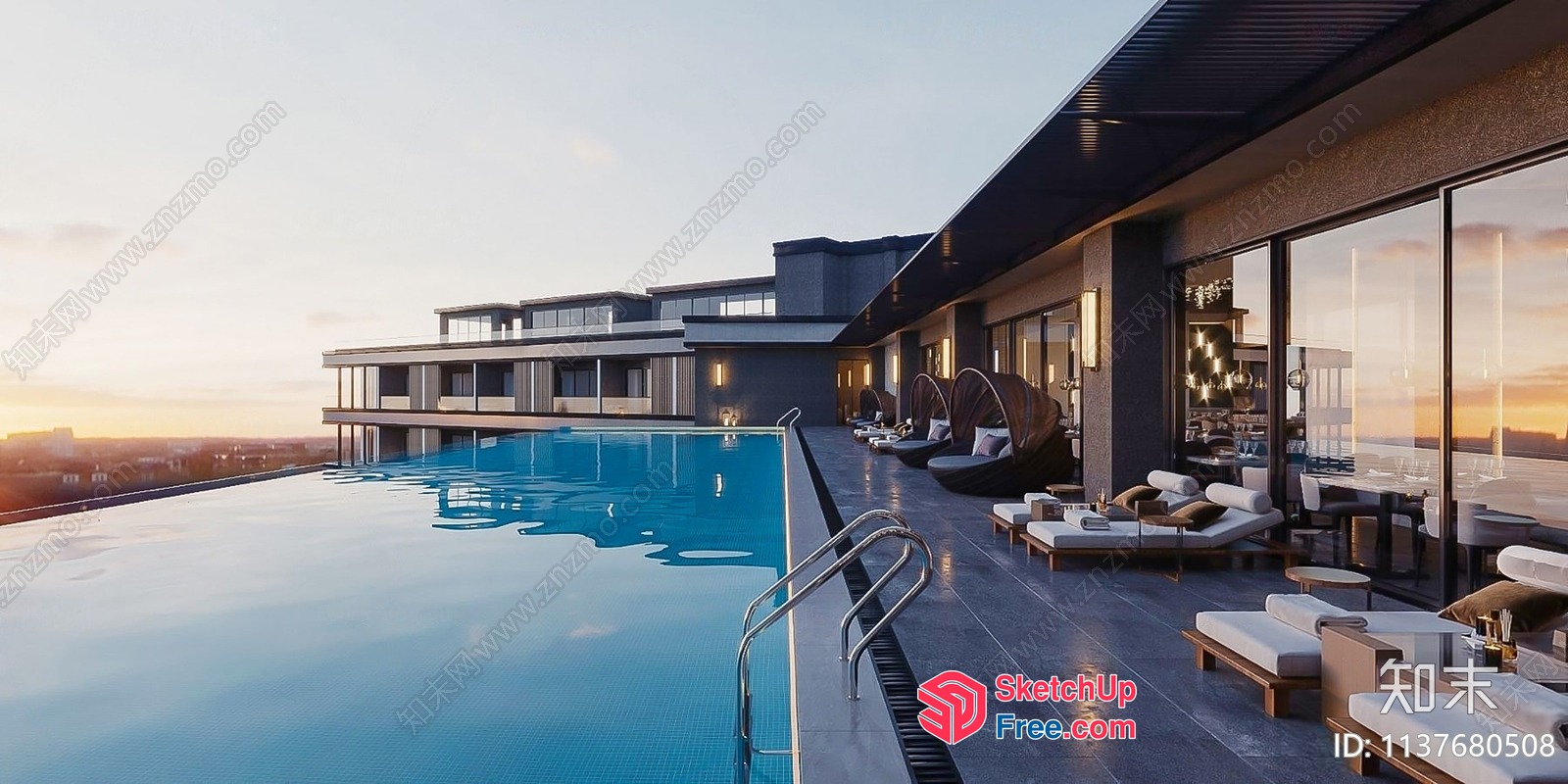 Modern Rooftop Pool And Lounge With City View 3D SketchUp File