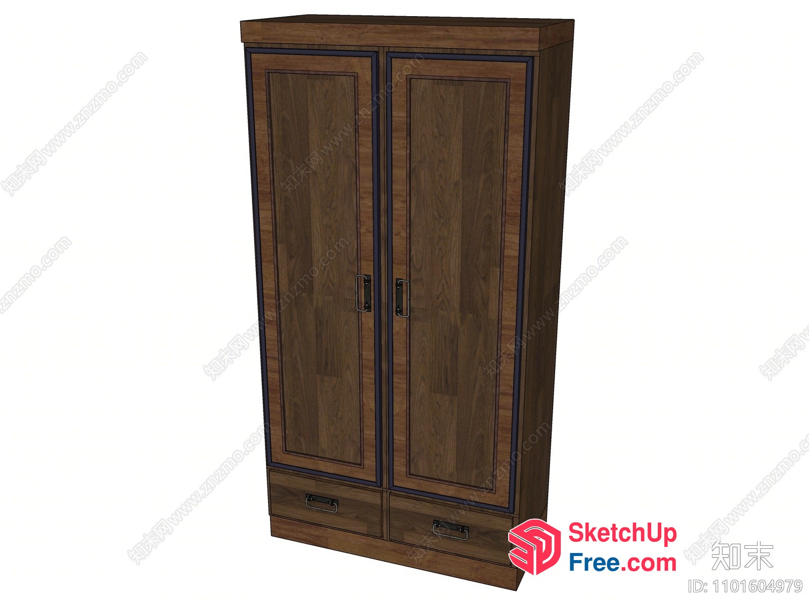 Brown Wooden Wardrobe With Double Doors And Drawers 3D SketchUp File
