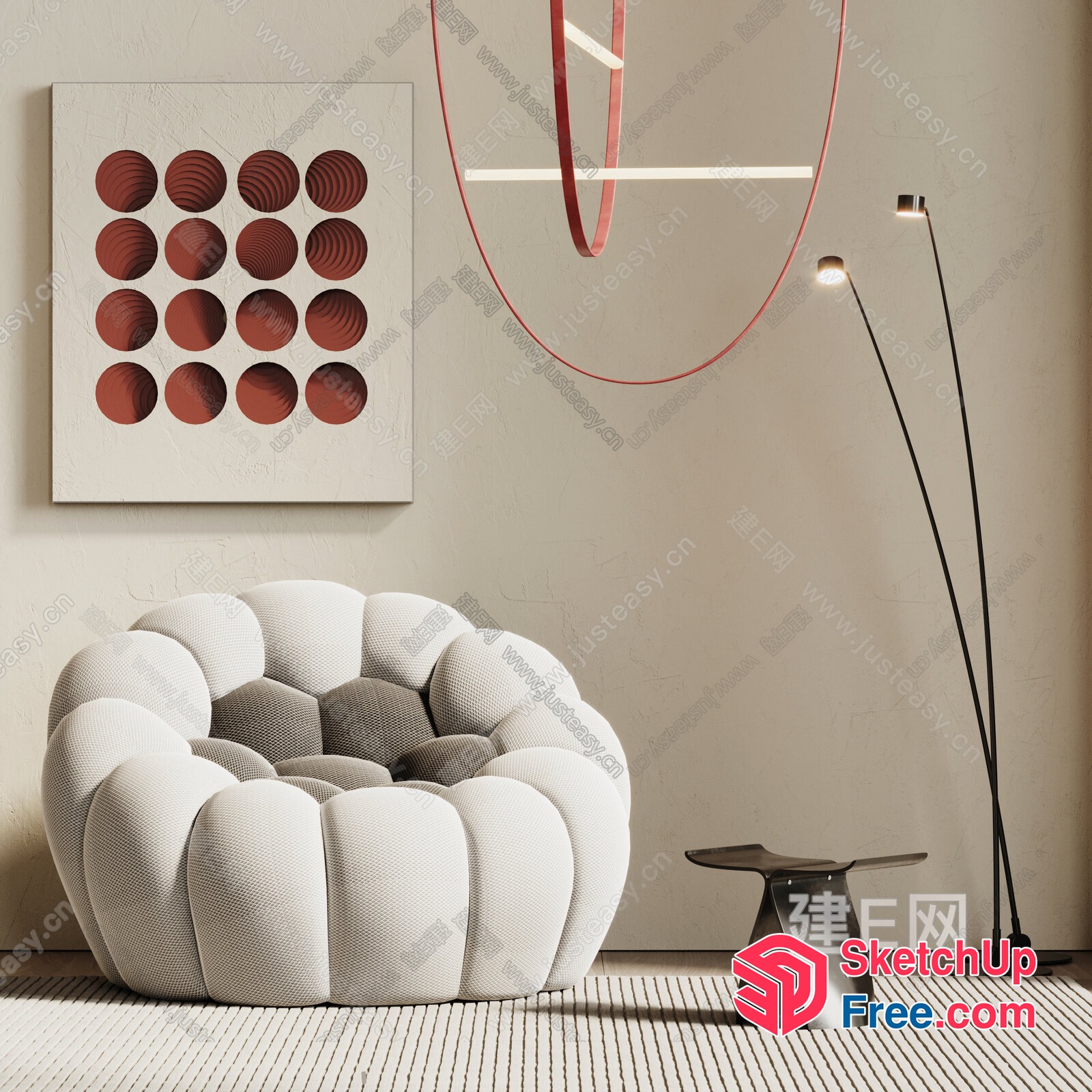 Modern Minimalist Living Room With Creamy And White Color Scheme 3D SketchUp File