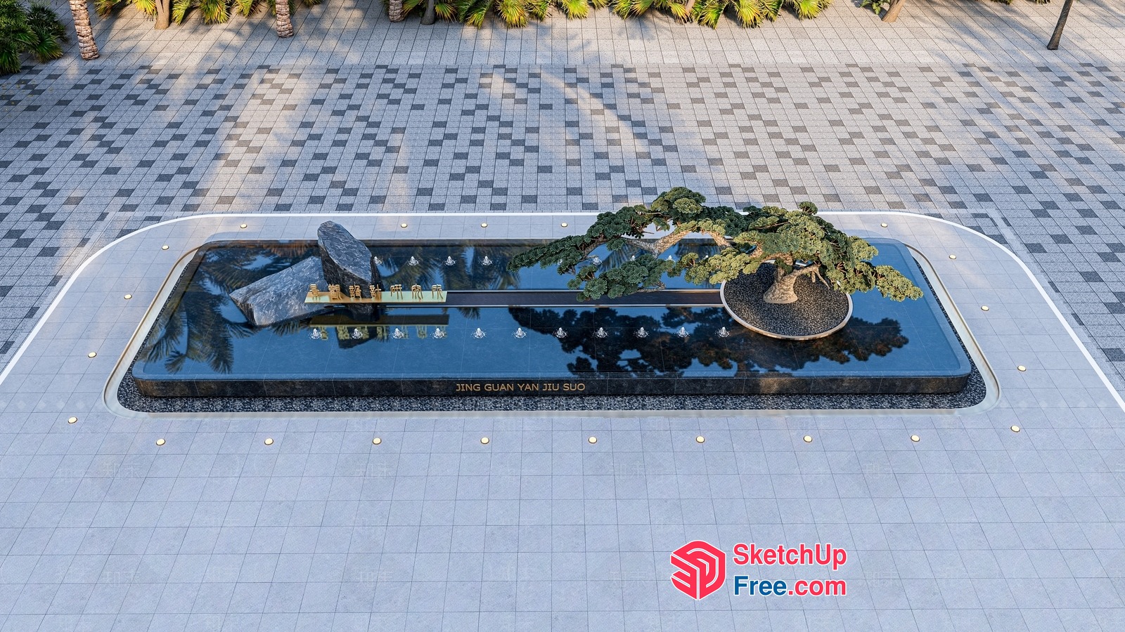 Rectangular Water Feature With Ornate Decorations And Tree 3D SketchUp File