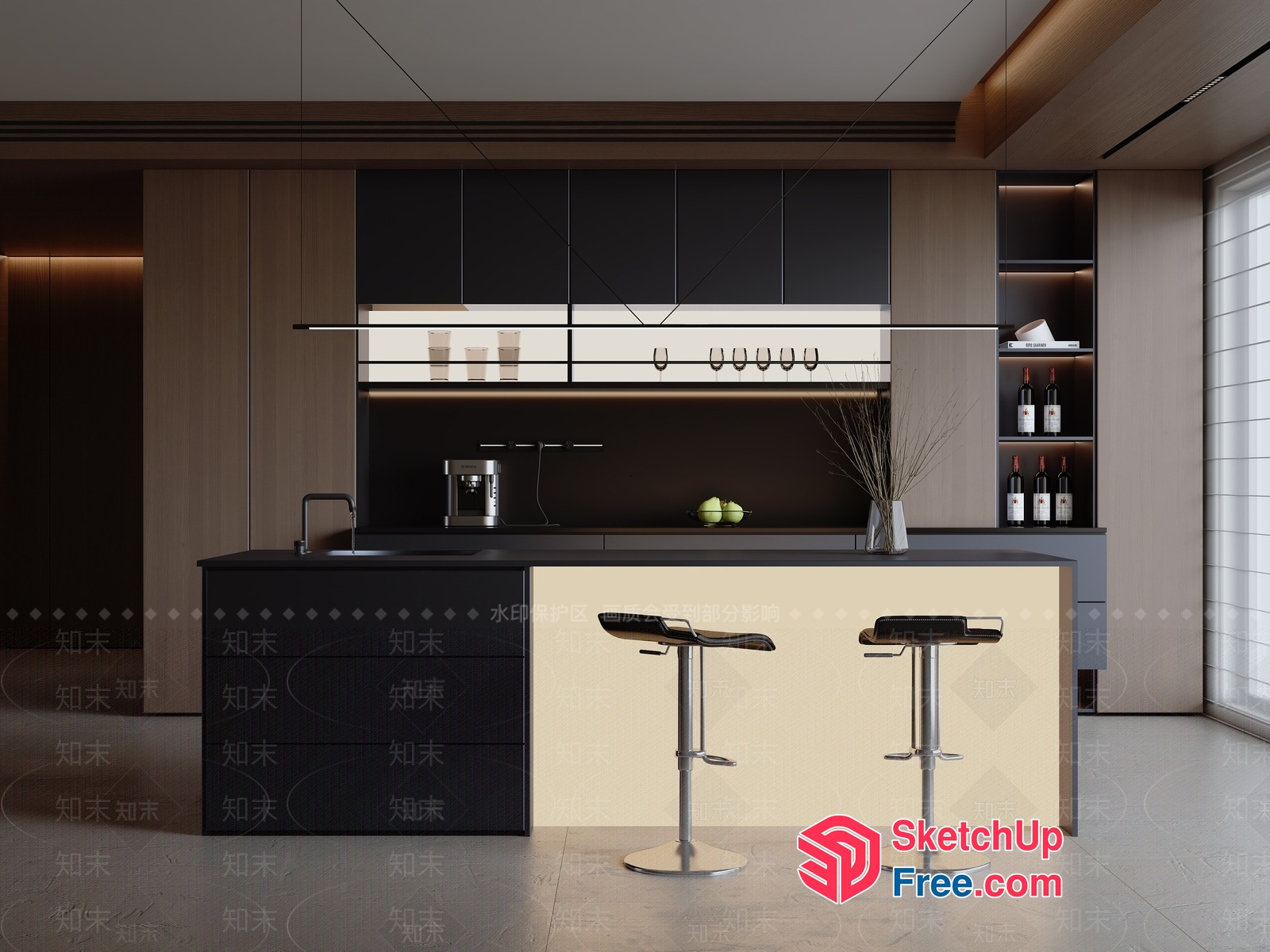 Modern Minimalist Kitchen Island With Bar Stools 3D SketchUp File