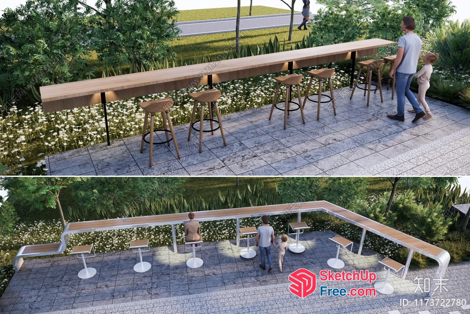Outdoor Seating Area With Long Bar Counter And Stools 3D SketchUp File