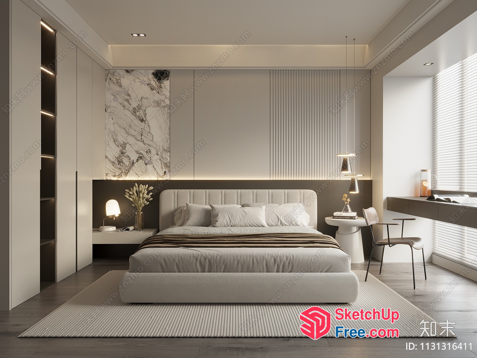 Minimalist European Style Bedroom With Marble Accent 3D SketchUp File