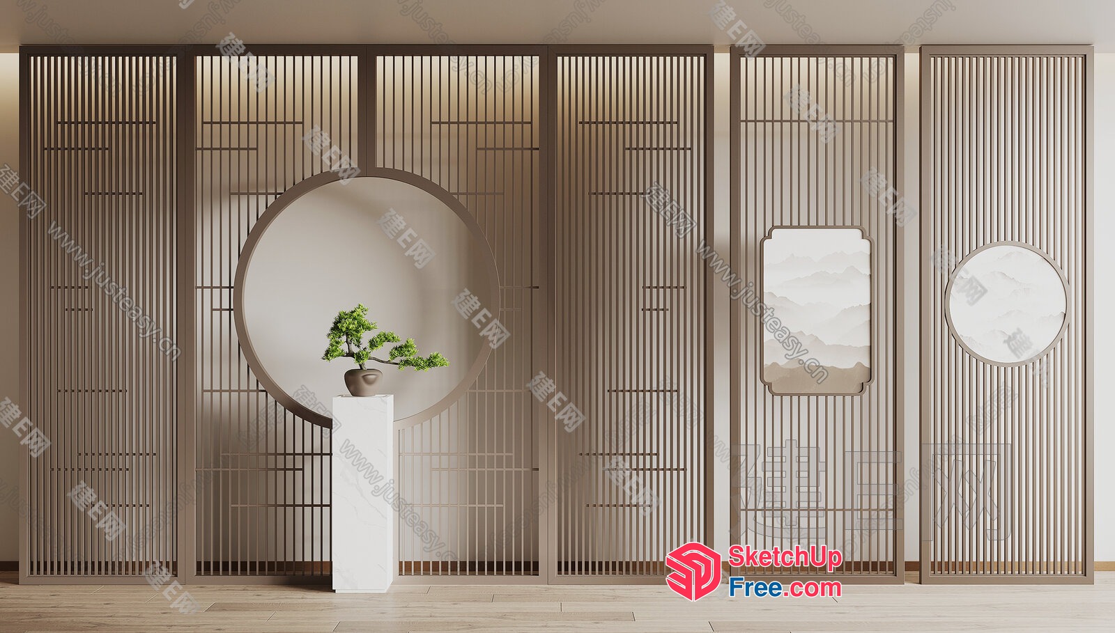 Asian-Inspired Partition Screen With Ornate Design 3D SketchUp File