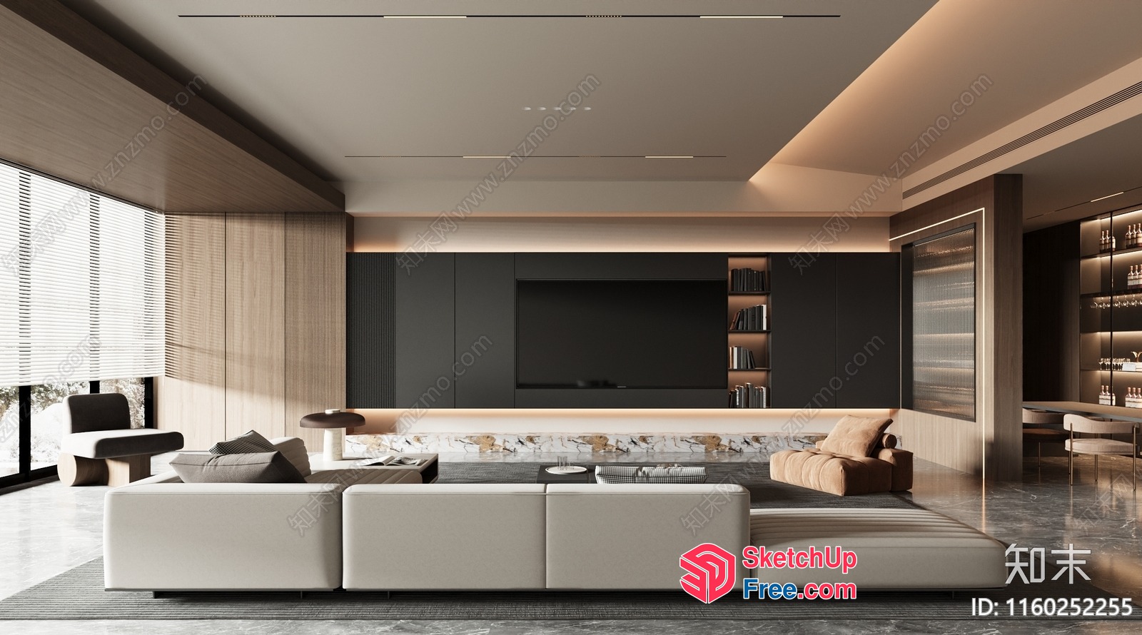 Modern Minimalist Living Room With Large Tv And Sectional Sofa 3D SketchUp File