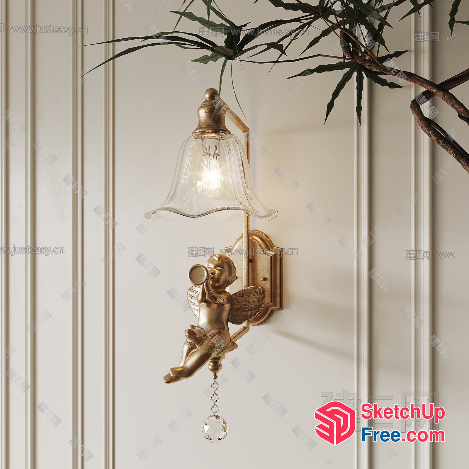 Elegant Gold Cherub Angel Sconce With Crystal Droplet 3D SketchUp File