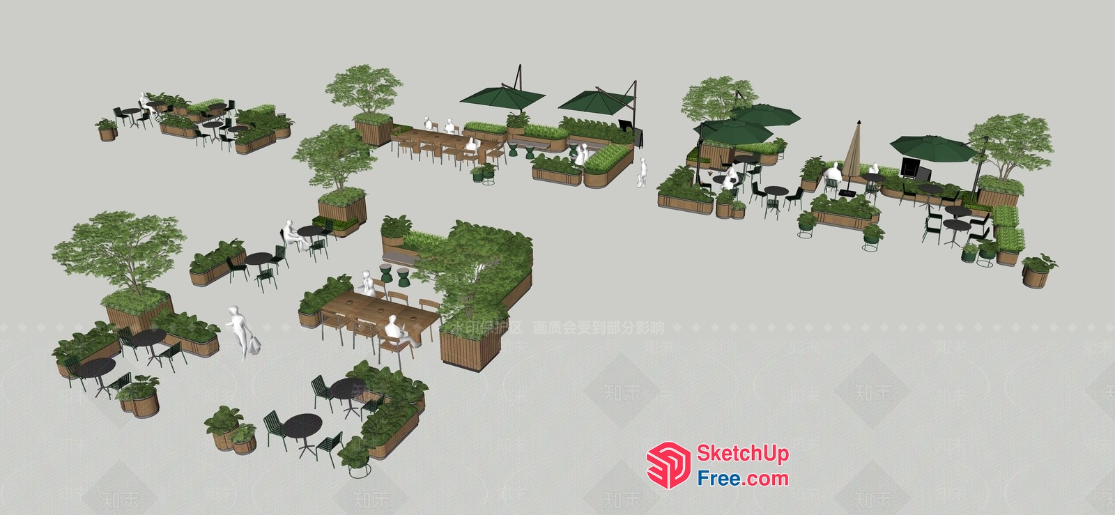 Outdoor Seating Area With Greenery And Tables 3D SketchUp File