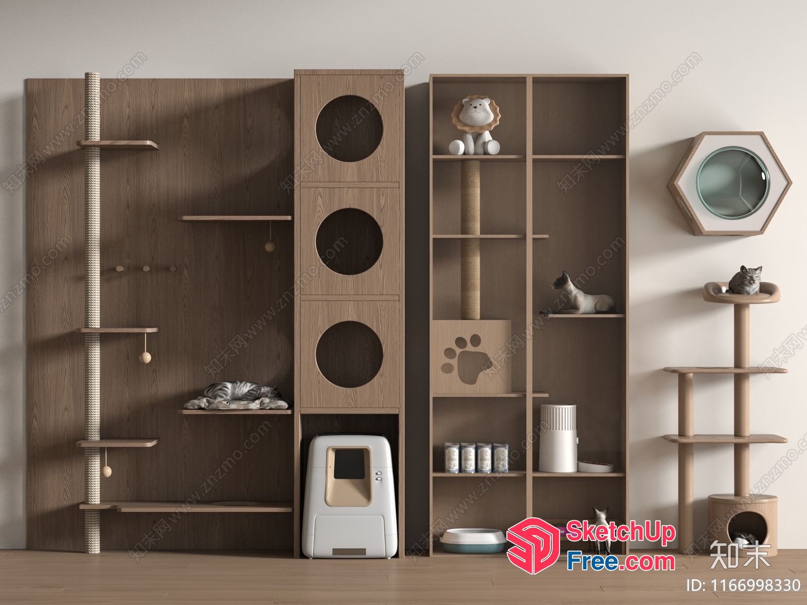 Modern Cat-Friendly Wooden Shelving Unit 3D SketchUp File