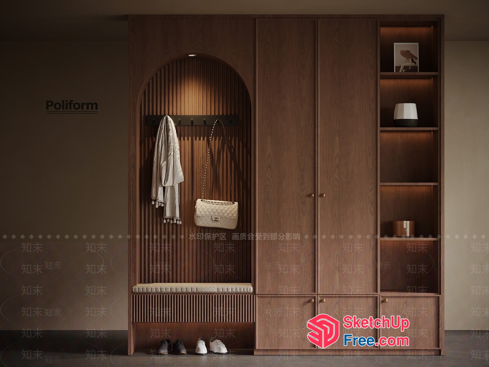 Elegant Wood Entryway With Built-In Storage And Seating 3D SketchUp File