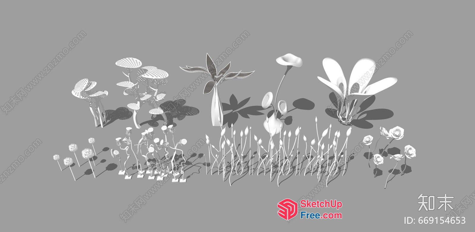 White Flowers And Mushrooms In A Field 3D SketchUp File