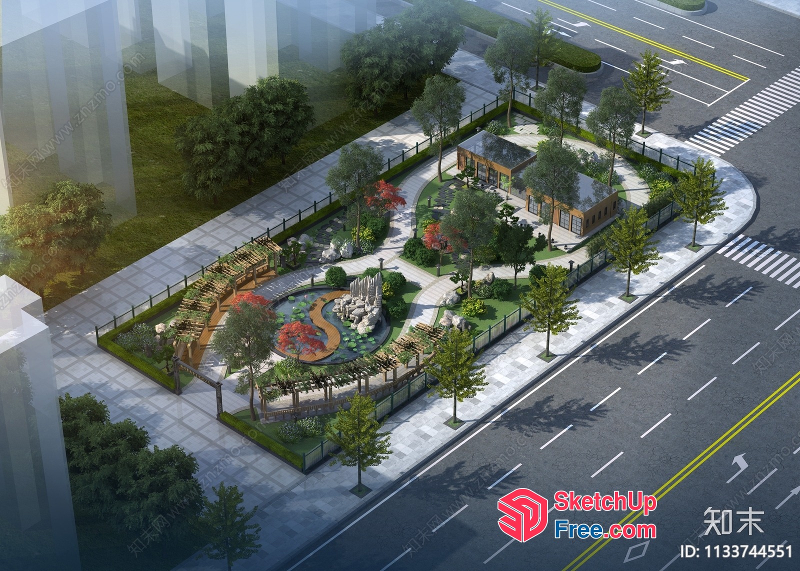 Aerial View Of A Modern Urban Park With A Pond And Walkway 3D SketchUp File