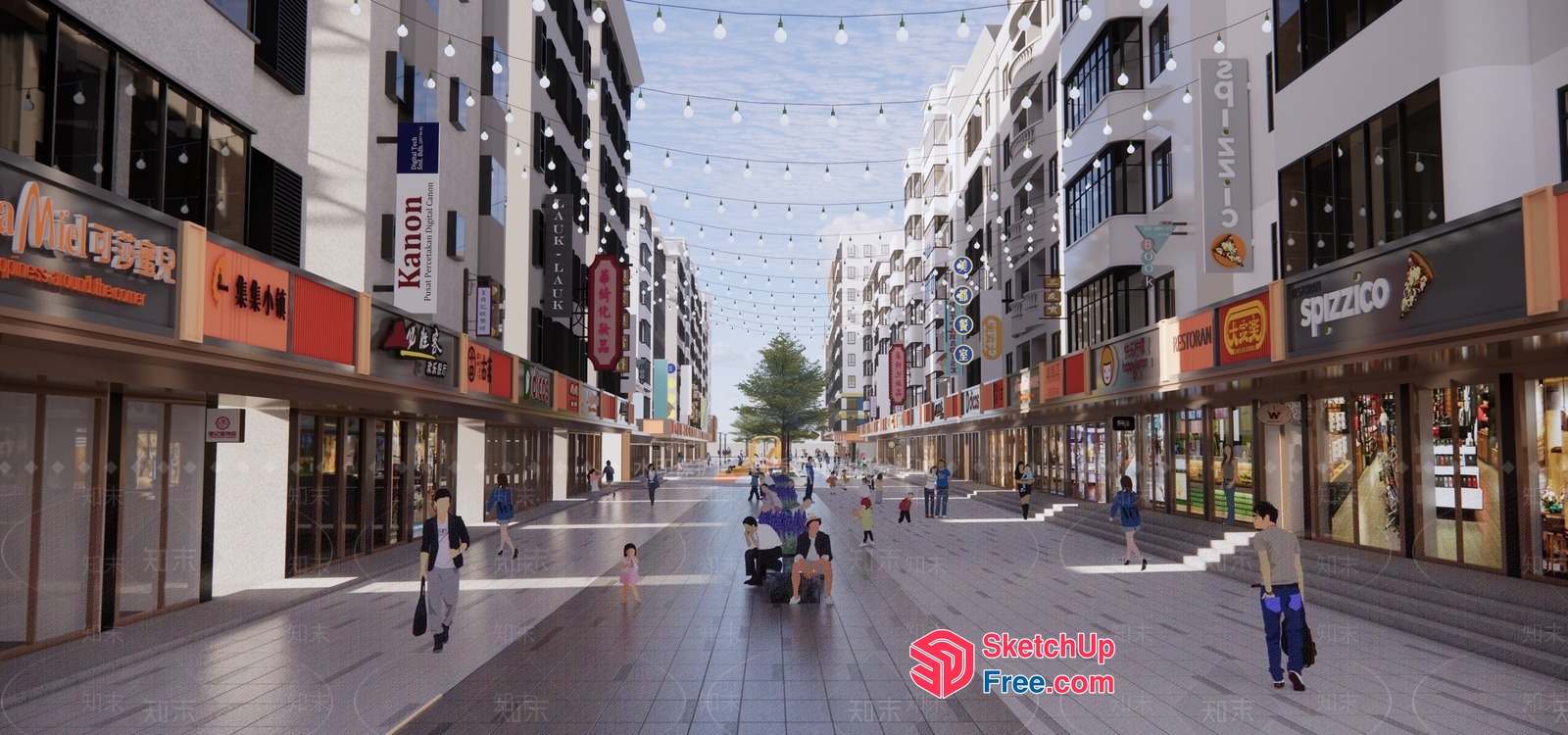 Modern Commercial Street With Vibrant Streetlights 3D SketchUp File