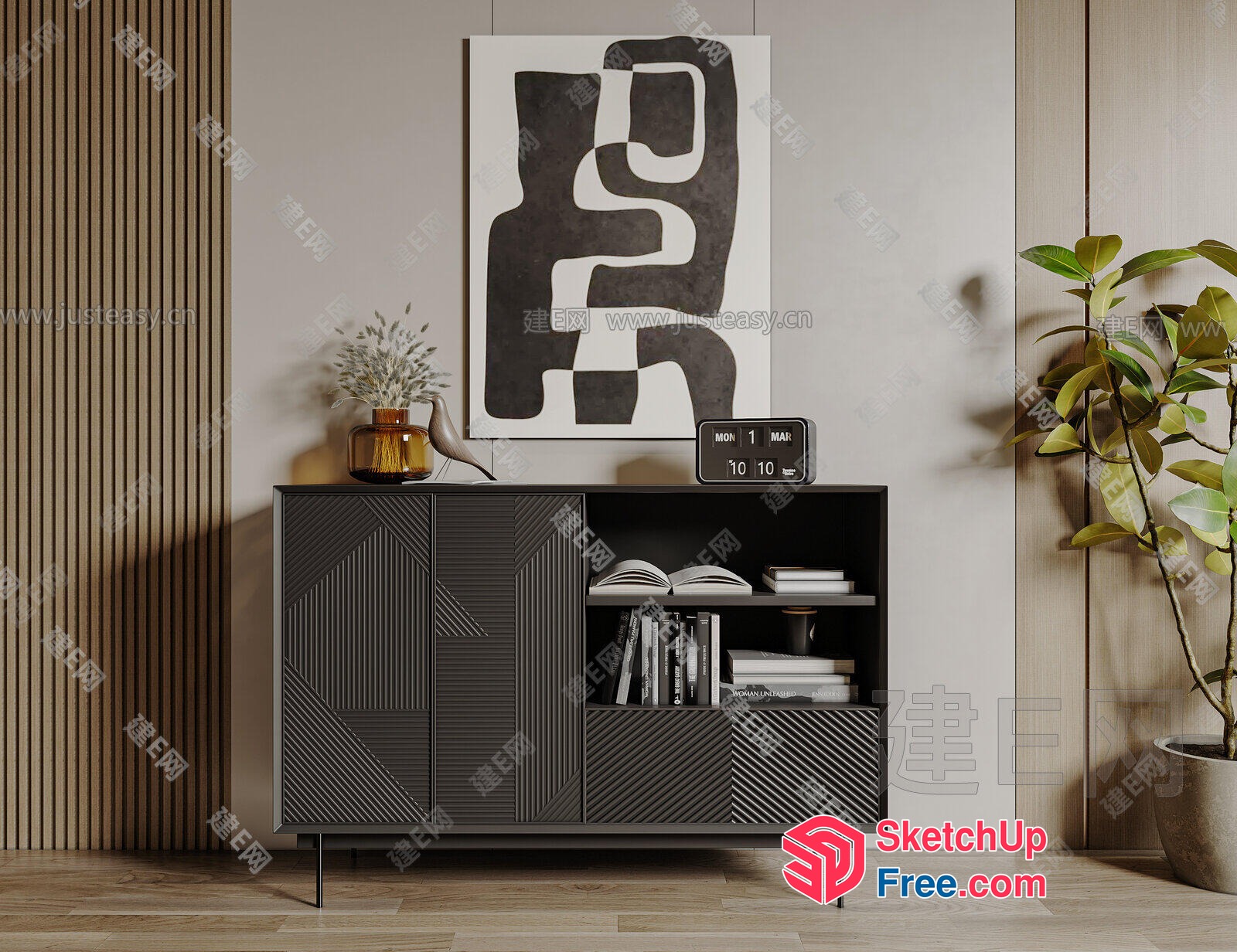 Modern Sideboard With Abstract Artwork And Decorative Shelf 3D SketchUp File