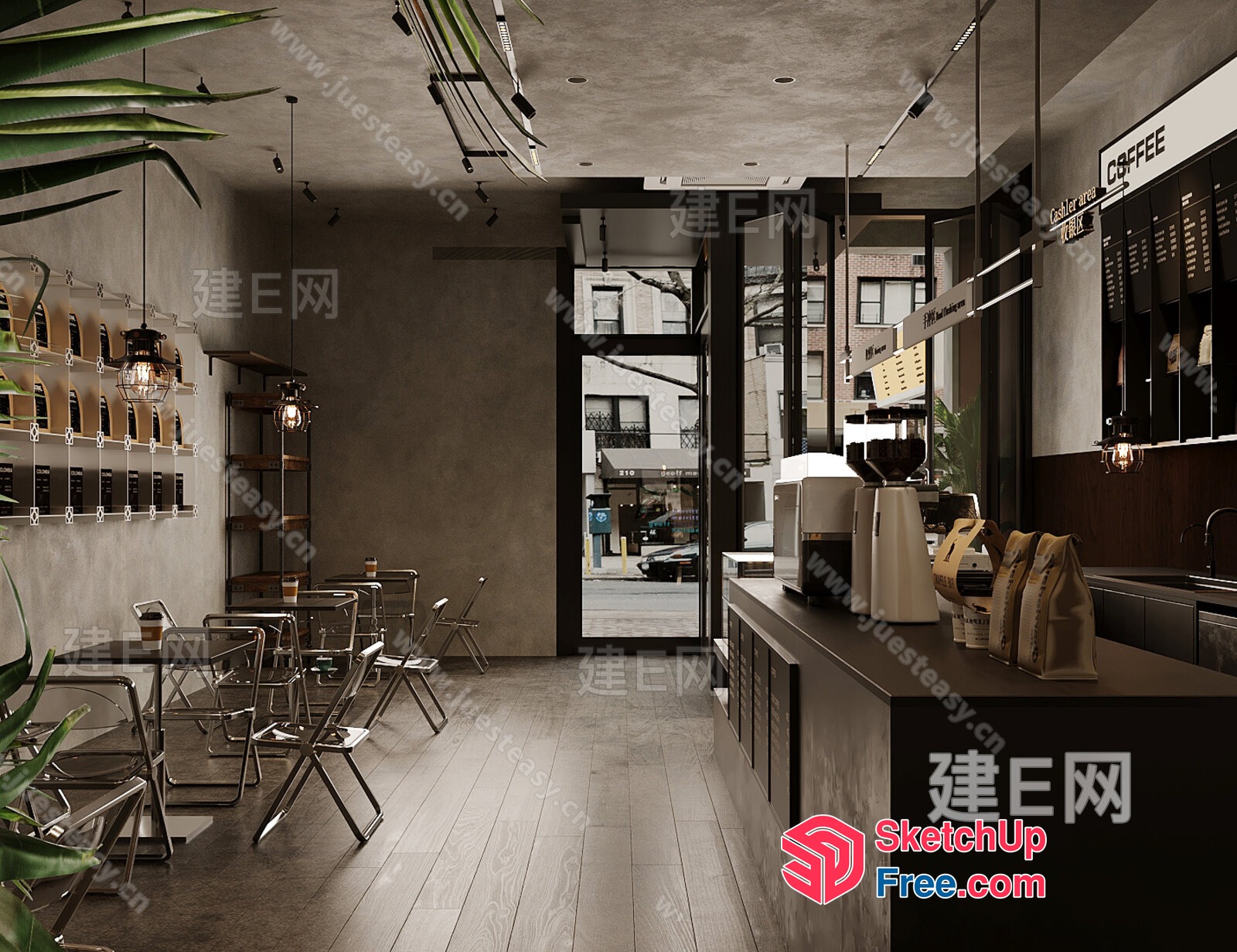 Modern Industrial Coffee Shop Interior 3D SketchUp File