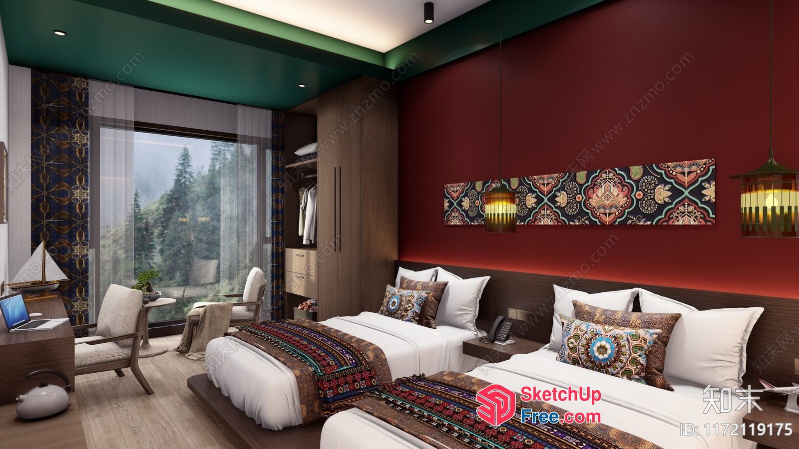 Modern Hotel Room With Four Beds And Window View 3D SketchUp File