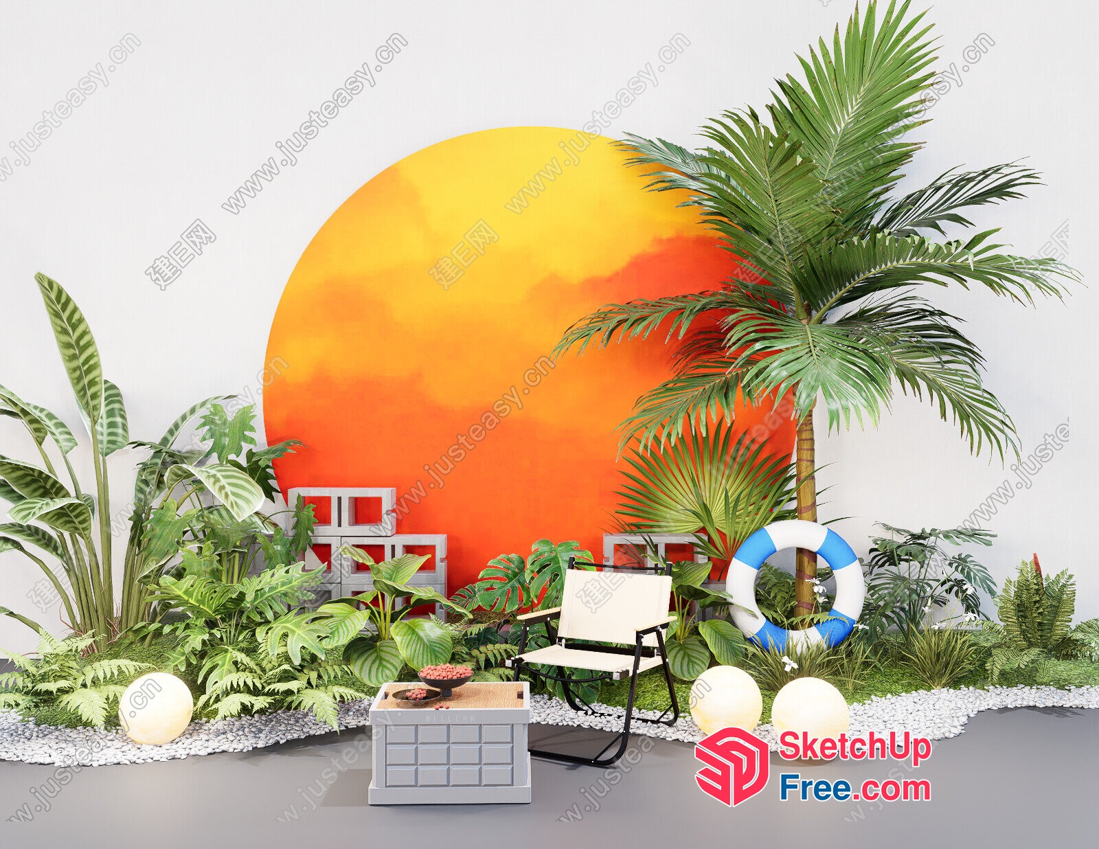 Tropical Oasis With Palm Trees And Sunset 3D SketchUp File