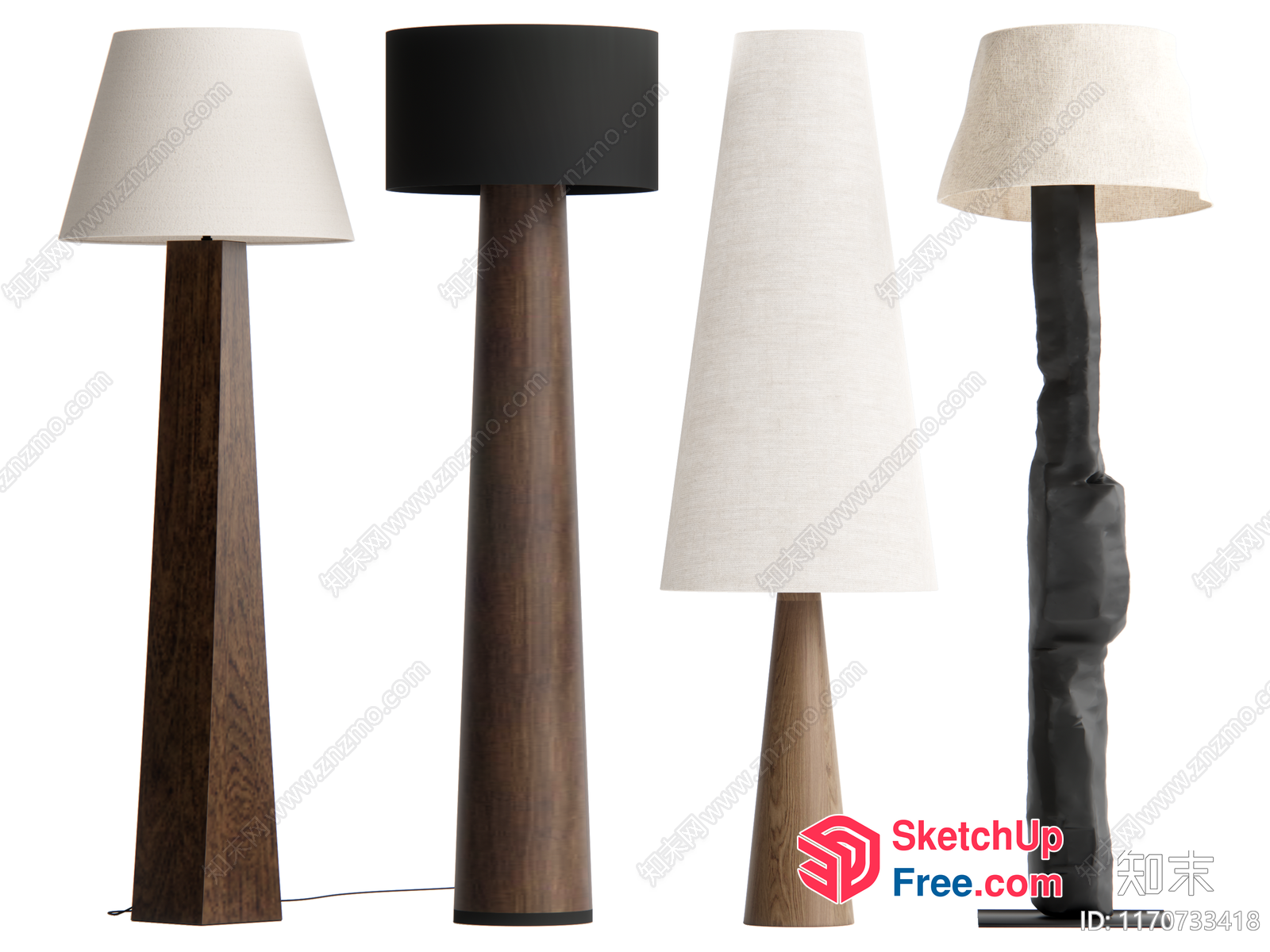 Four Tall Wooden And Black Lamps With White Shades 3D SketchUp File