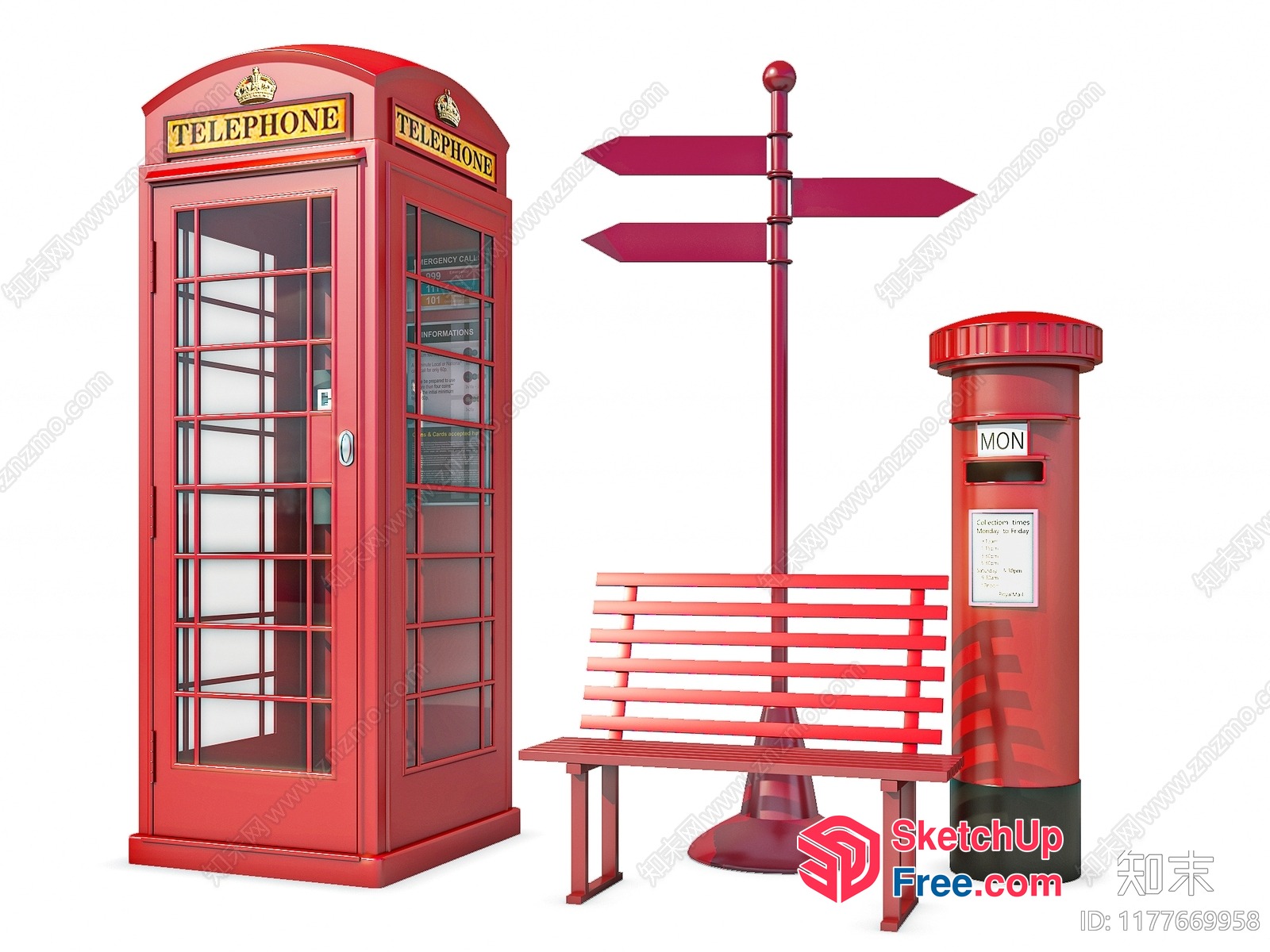 Red Telephone Booth, Pillar, And Bench Set 3D SketchUp File