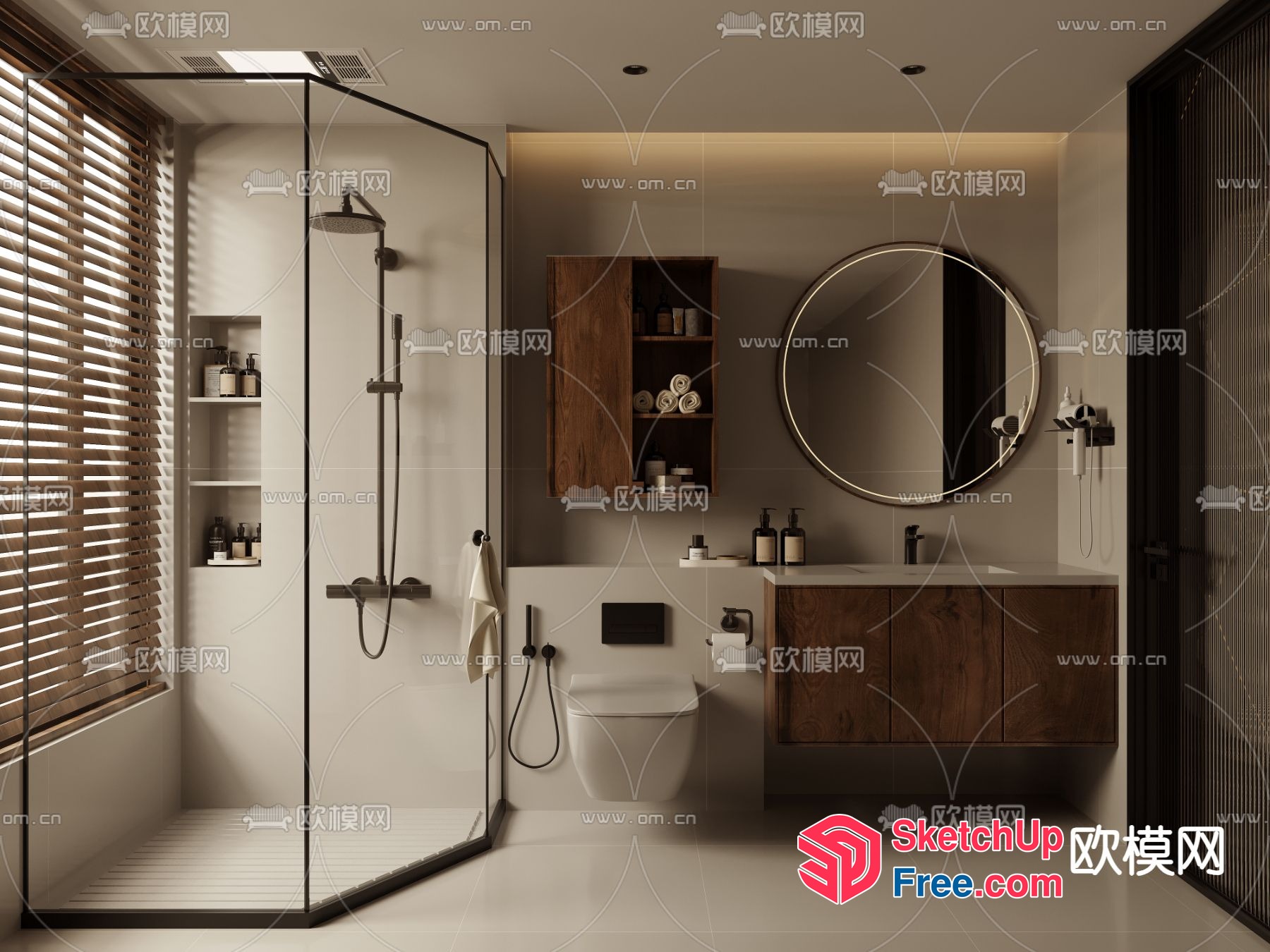 Modern Bathroom With Wooden Accents And Round Mirror 3D SketchUp File