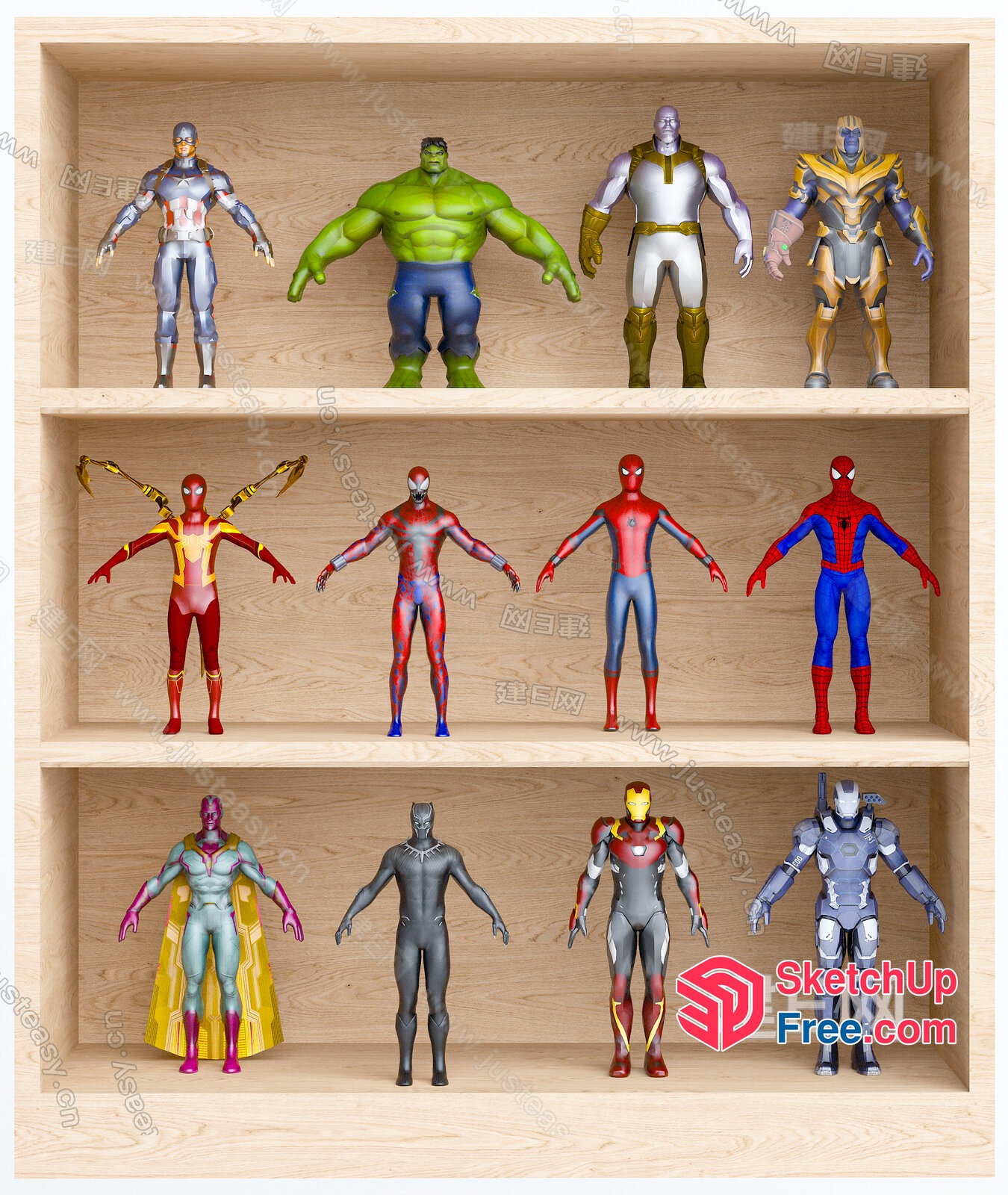 Marvel Superhero Figurines Displayed On Wooden Shelves 3D SketchUp File