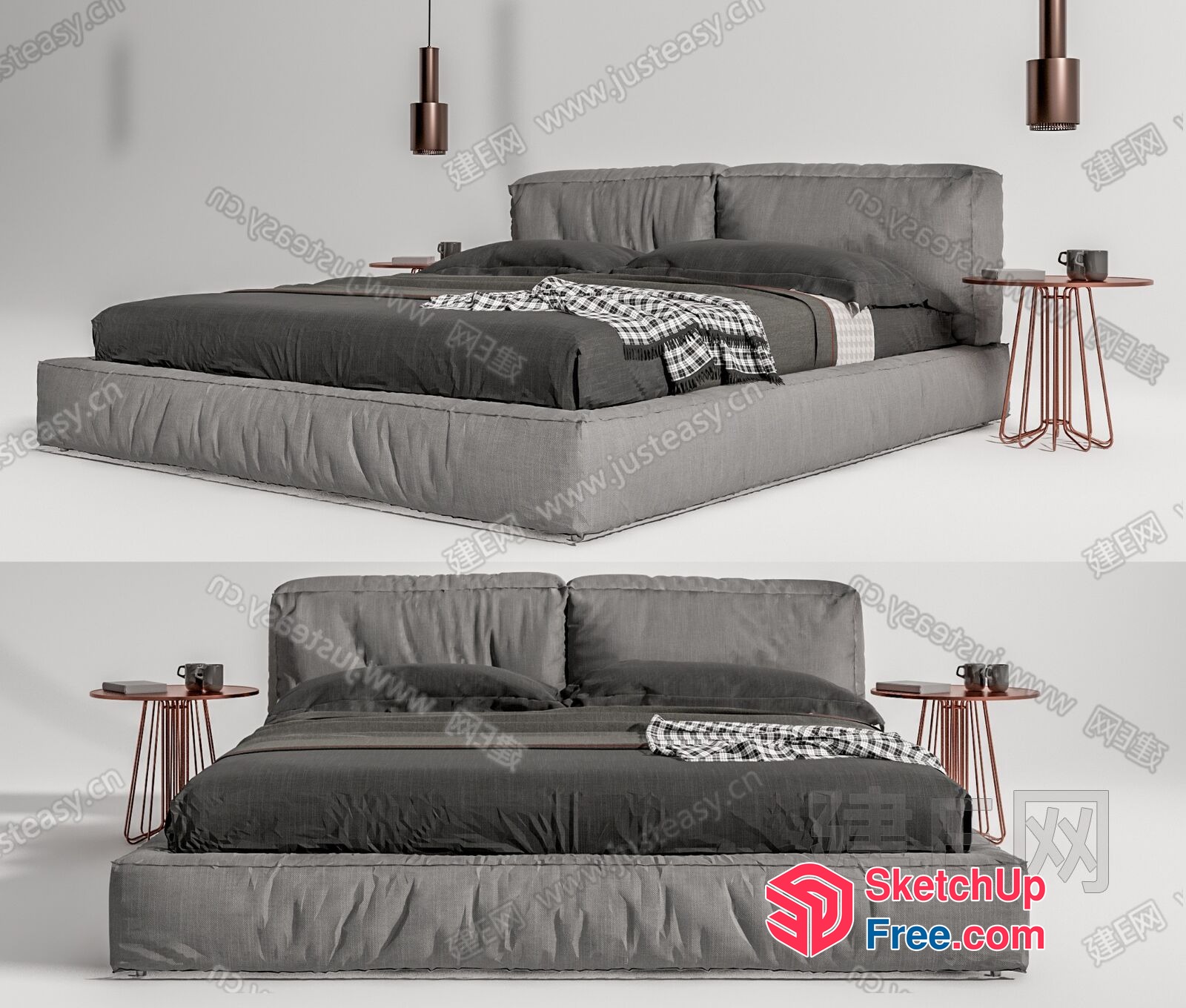 Modern Gray Bed With Matching Side Tables 3D SketchUp File