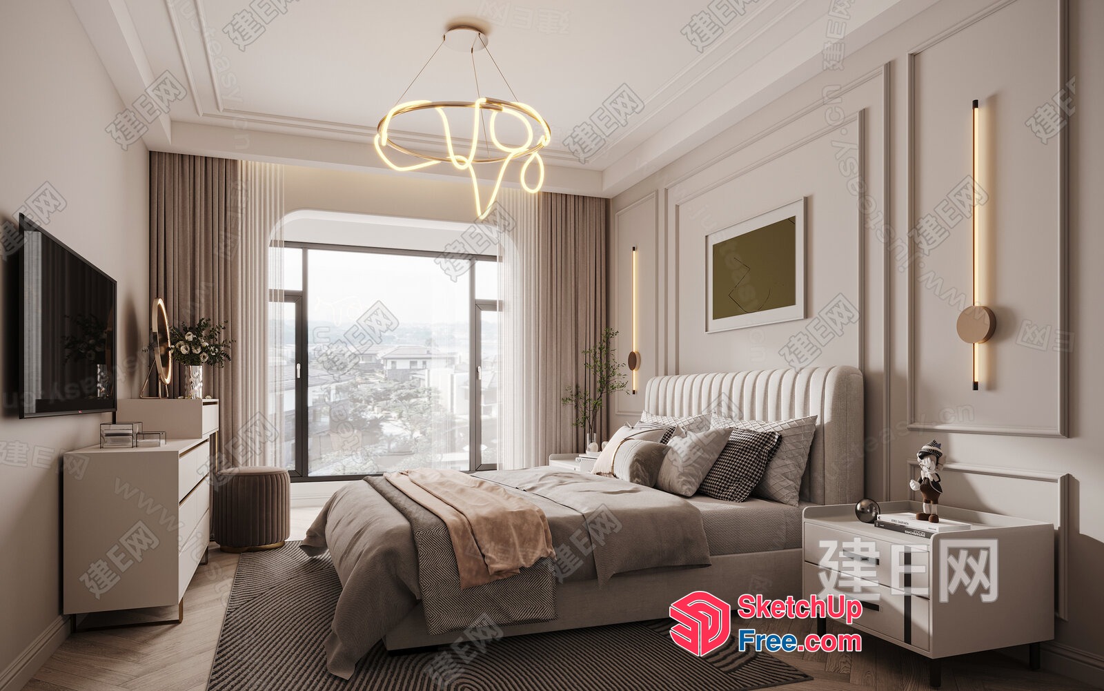 Modern Minimalist Bedroom With Creamy Style Decor 3D SketchUp File