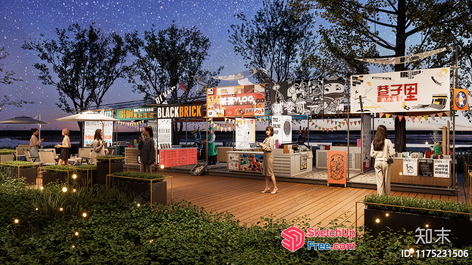 Outdoor Night Market With Food Trucks And Decorative Lighting 3D SketchUp File