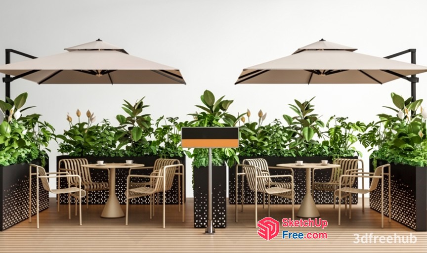 Outdoor Dining Area With Planters And Umbrellas 3D SketchUp File