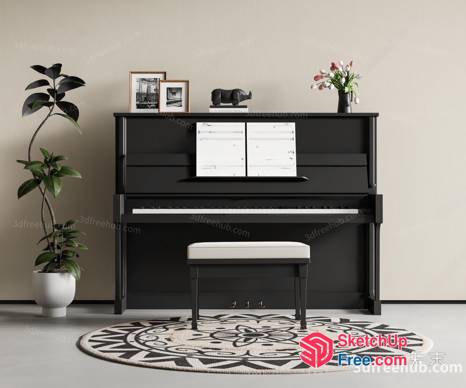 Elegant Piano Interior With Plant And Bench 3D SketchUp File