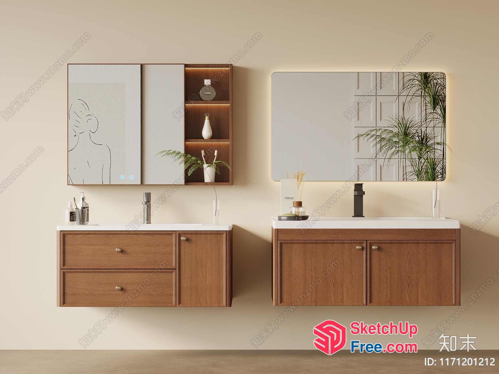 Modern Minimalist Bathroom Vanity With White Countertop And Wooden Cabinets 3D SketchUp File
