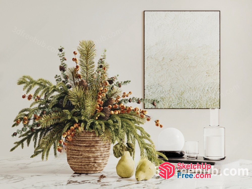 Decorative Christmas Pine Branches In Wicker Basket 3D SketchUp File