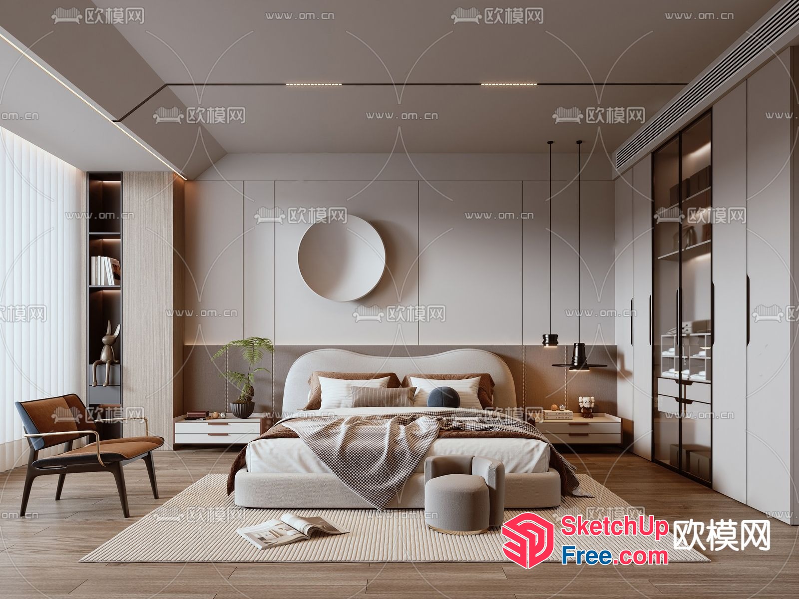 Modern Minimalist Bedroom With Creamy And Brown Accents 3D SketchUp File