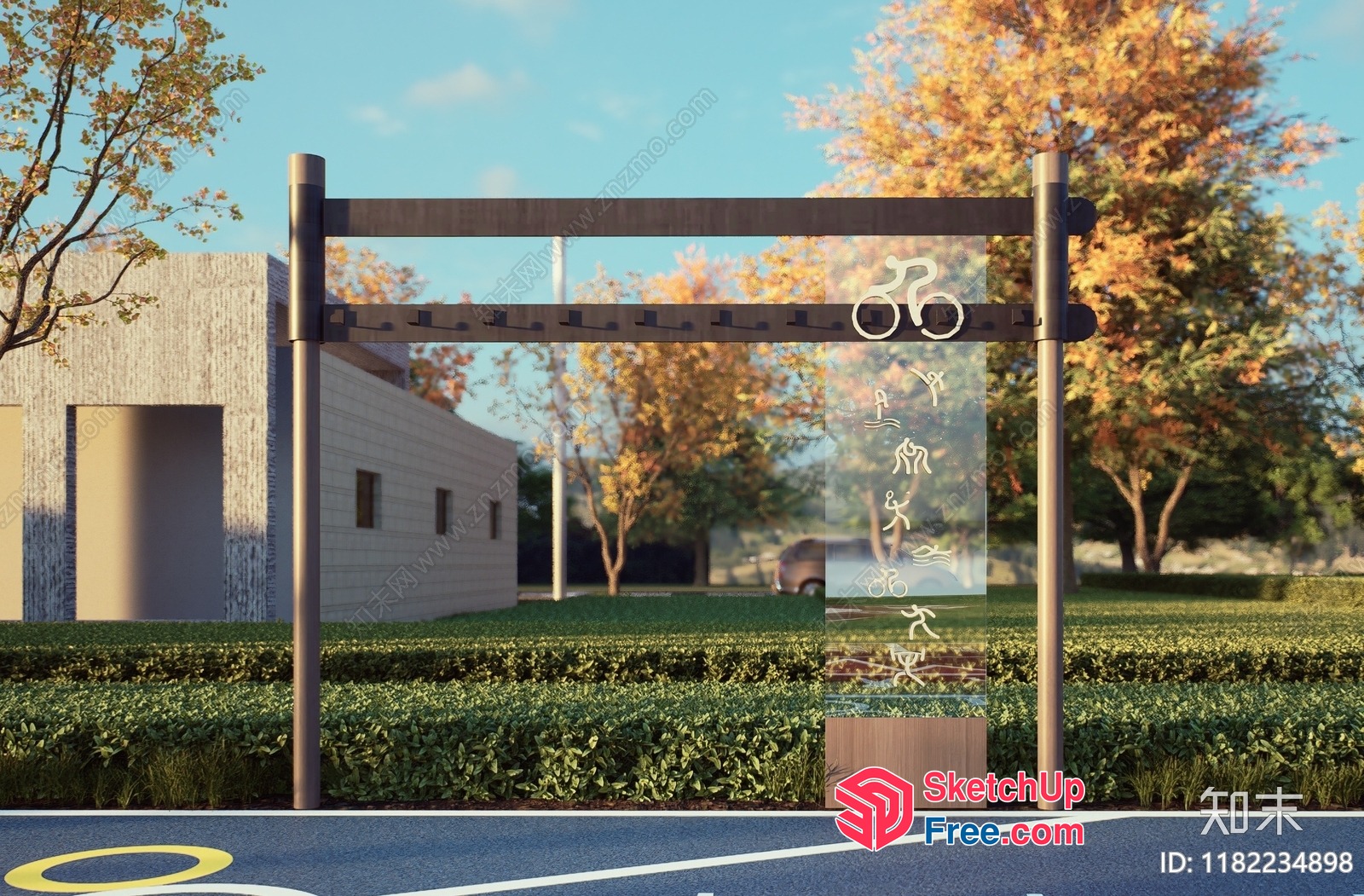 Modern Outdoor Entrance With Bicycle And Athletic Silhouettes 3D SketchUp File
