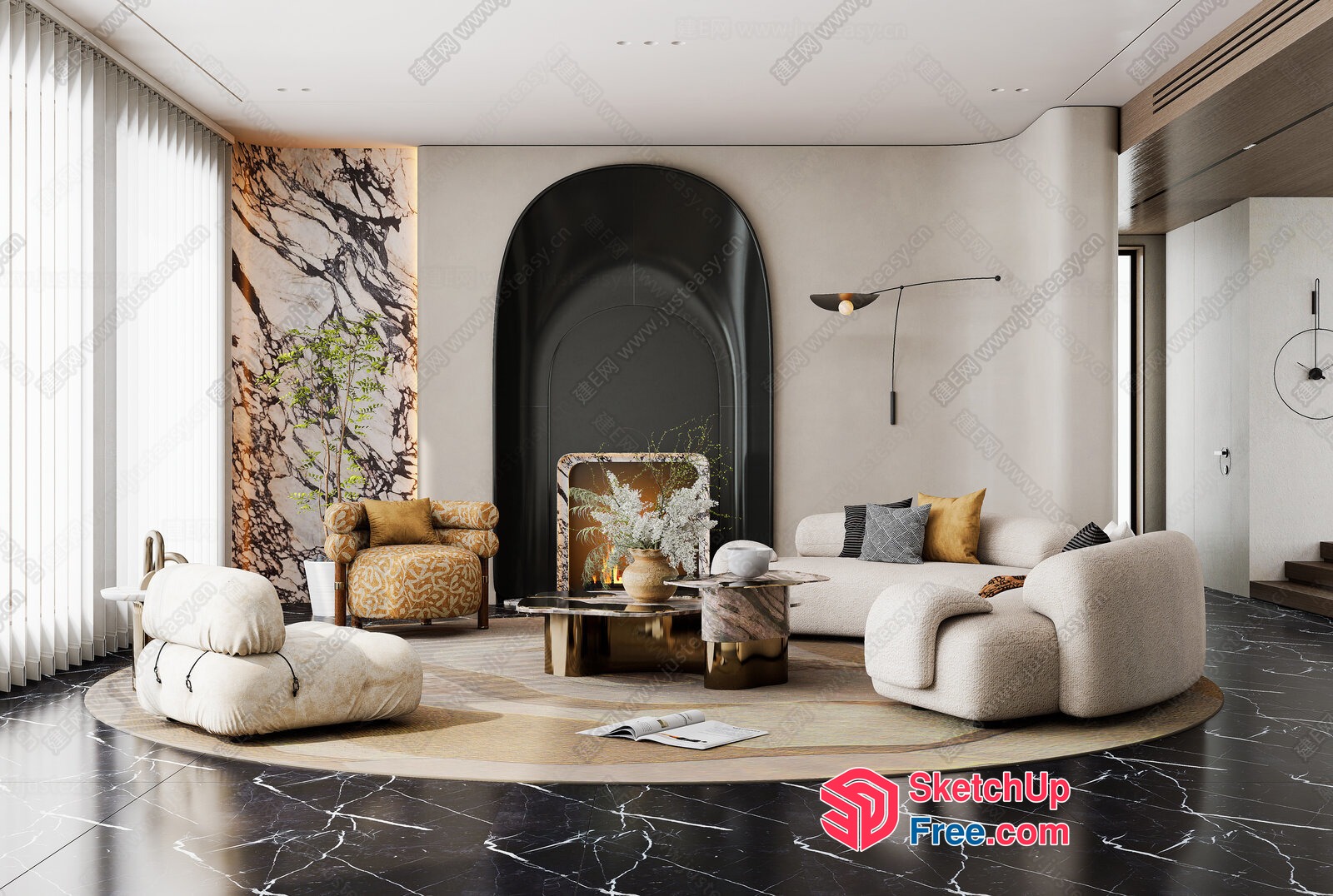 Modern Minimalist Living Room With Creamy And Natural Tones 3D SketchUp File