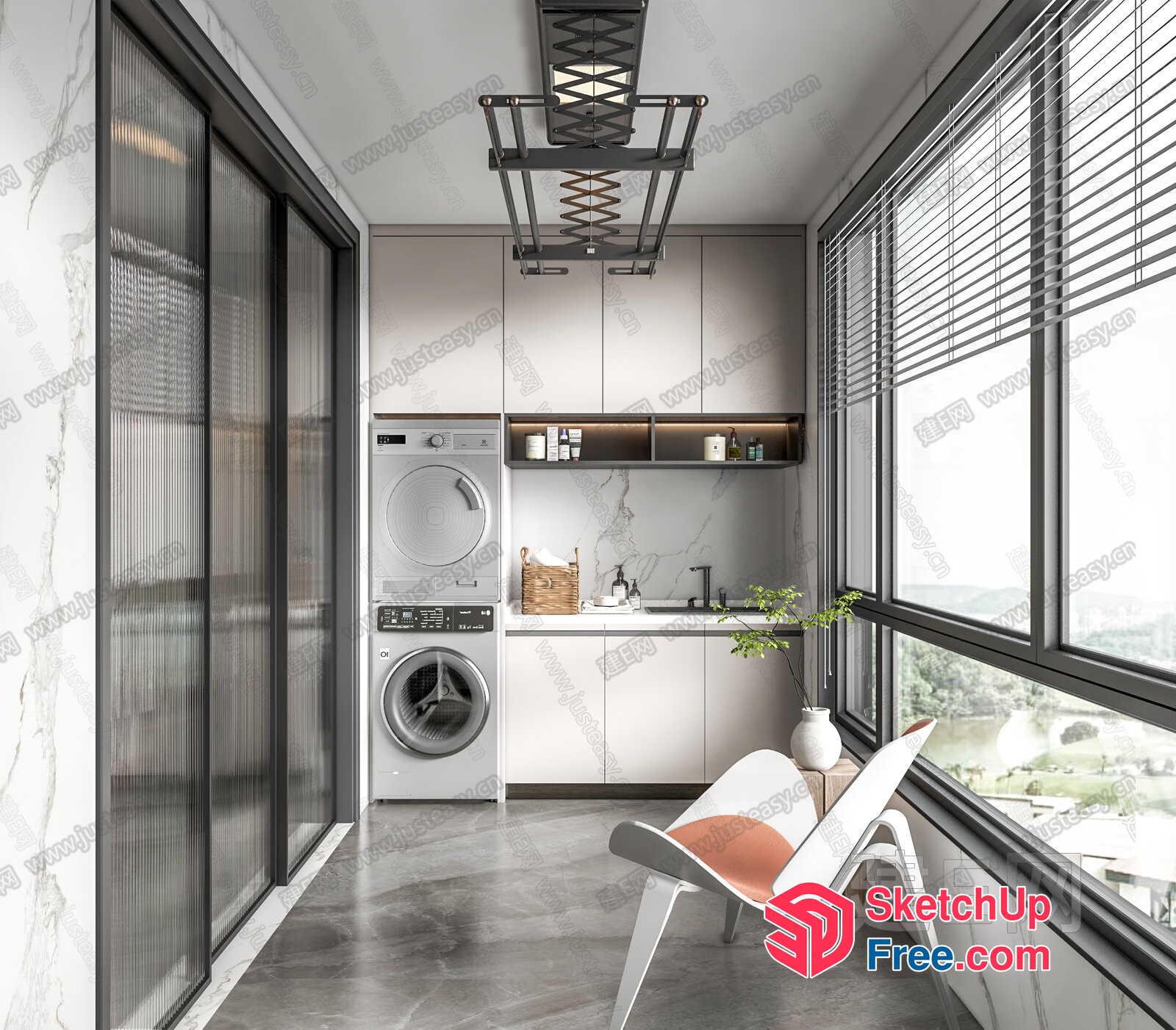 Modern Laundry Room With Balcony View 3D SketchUp File