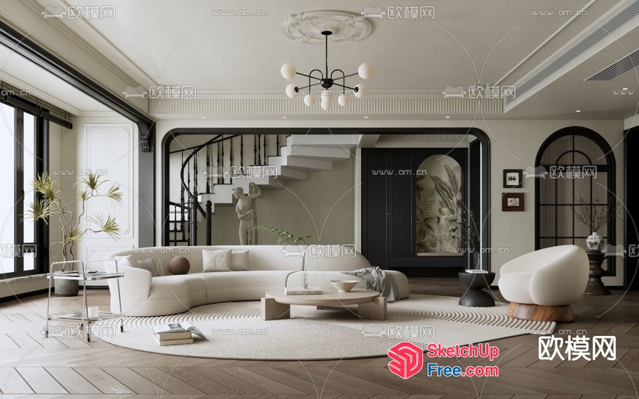 Modern Living Room With Elegant Staircase 3D SketchUp File