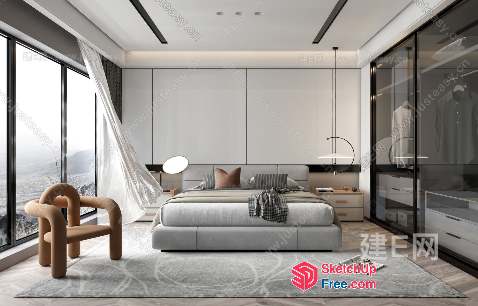Modern Minimalist Bedroom With Large Windows 3D SketchUp File