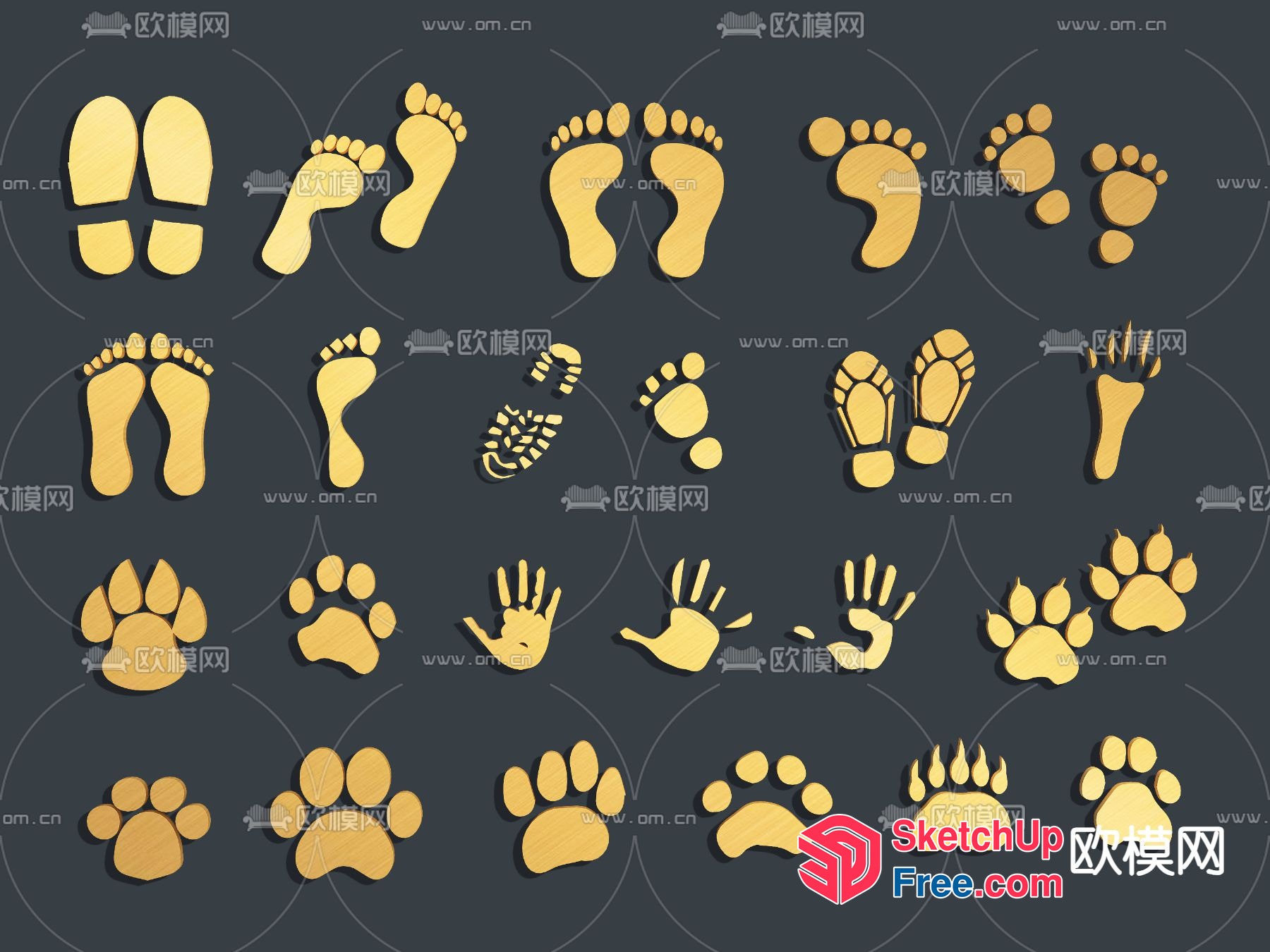 Yellow Footprints And Paw Prints On A Dark Gray Background 3D SketchUp File