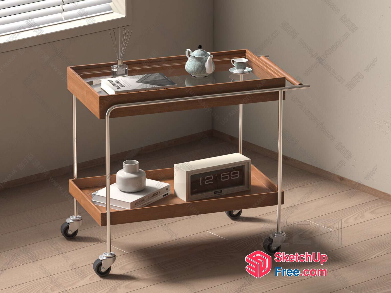Two-Tiered Wooden And Glass Shelf Unit With Decorative Items 3D SketchUp File